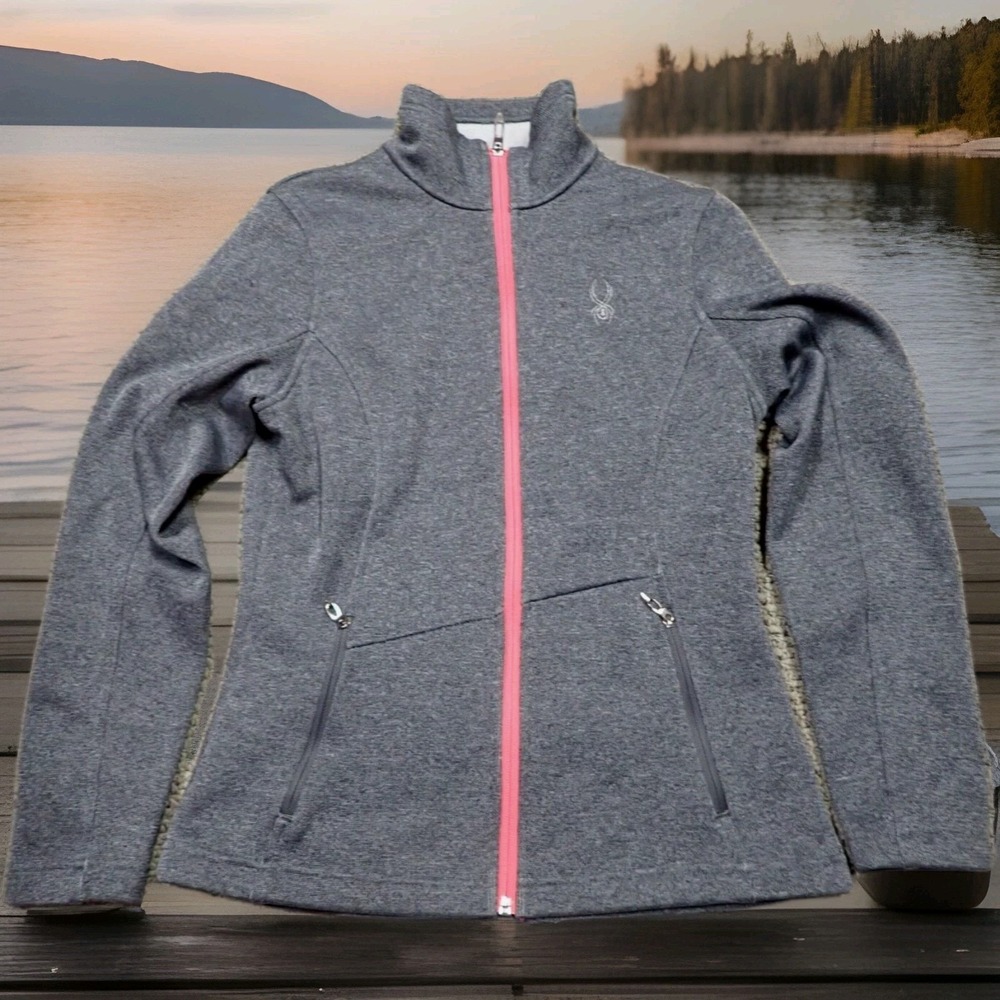 Spyder Core Sweater Jacket Women Medium Grey Excellent‎ Pink Zip Fleece Knit